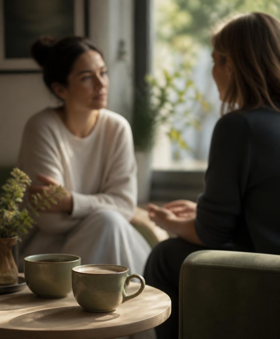 Two people in a calm, supportive conversation